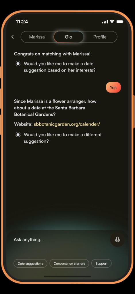 Glo suggesting a date idea based on a match’s interests.