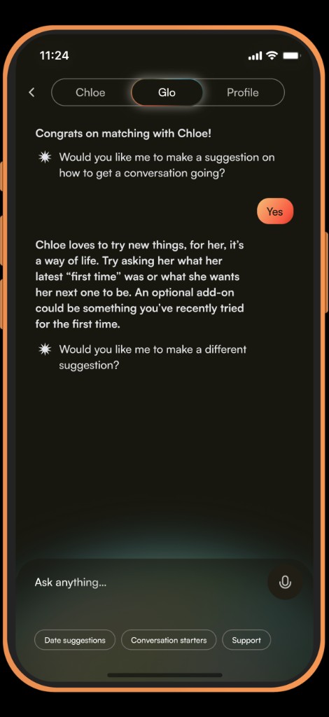 Glo suggesting an icebreaker after a new match.