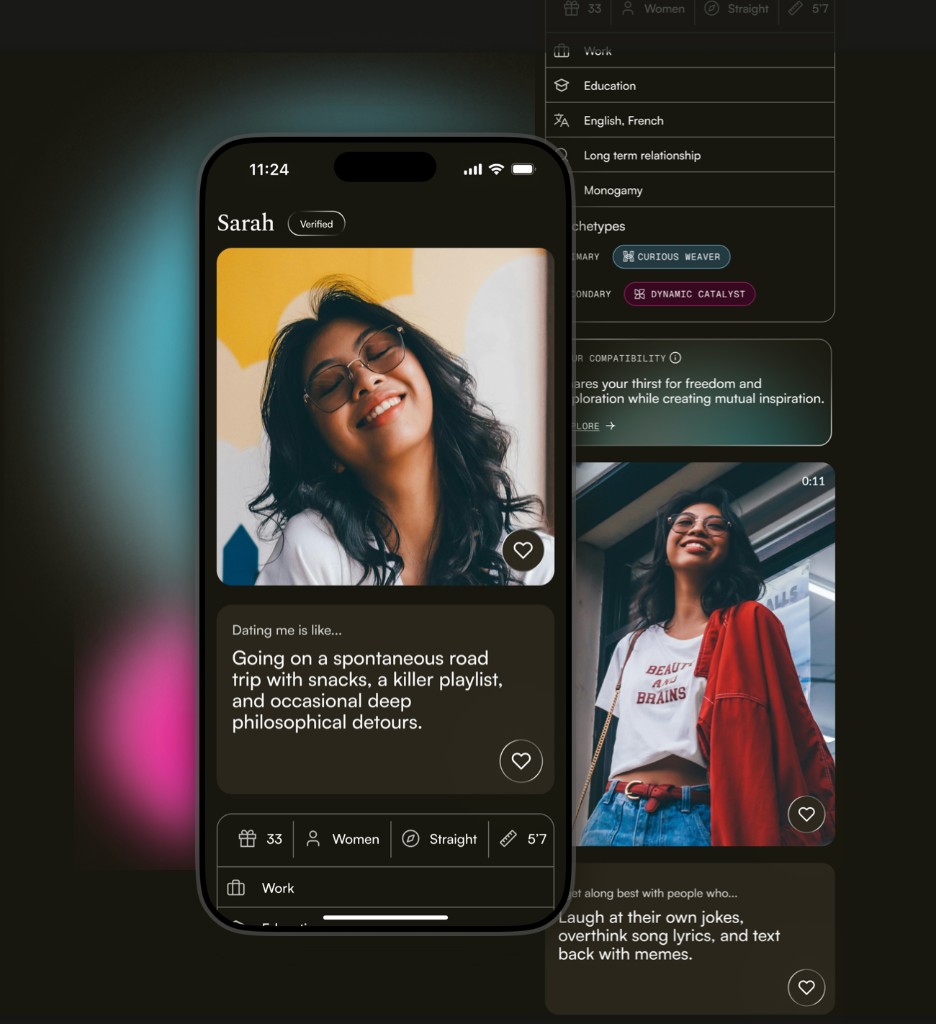 Glo app profile view on a phone with floating interface elements on a dark background.